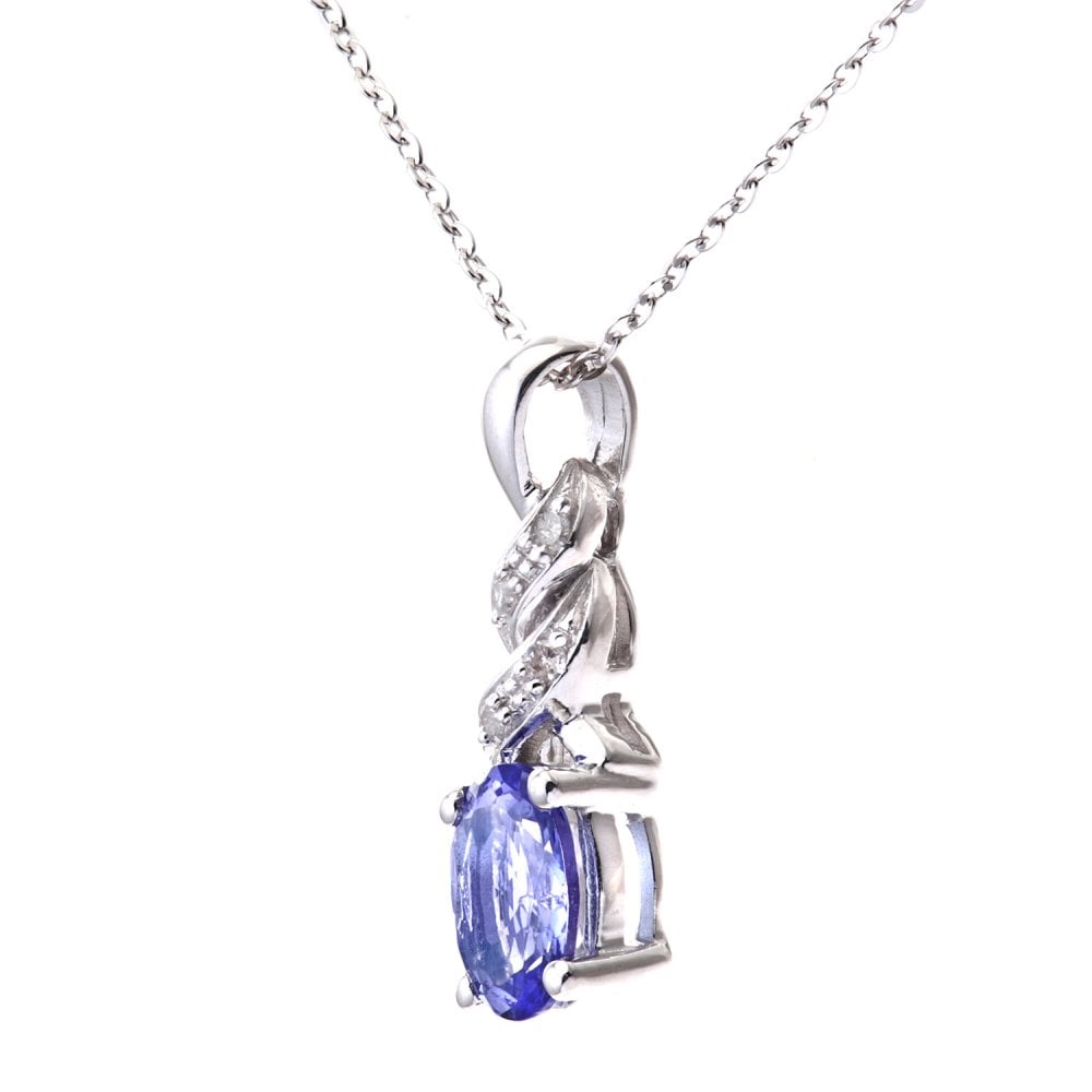SPARKLD 9ct White Gold Oval Tanzanite and 0.02ct Diamond Pendant Necklace
