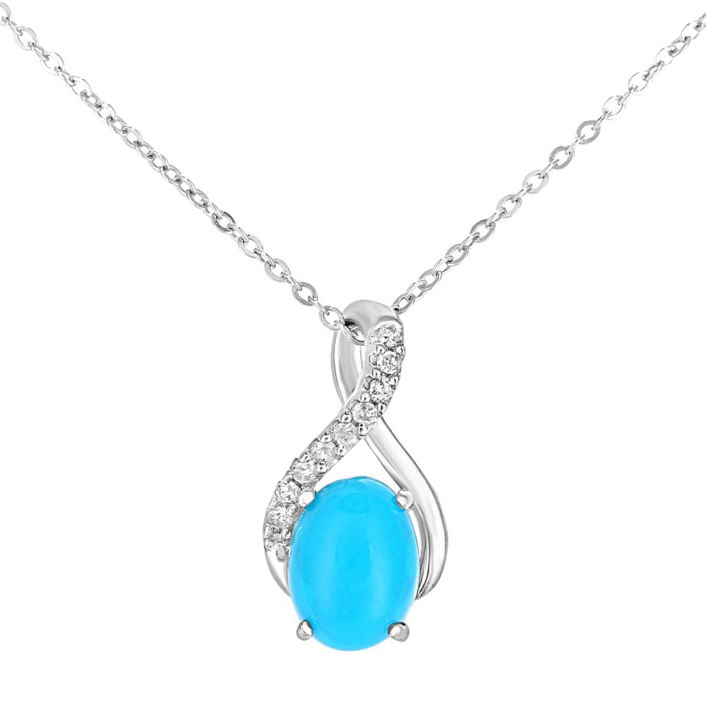 SPARKLD 9ct White Gold Oval Turquoise and 0.05ct Diamond Crossover Pendant Necklace