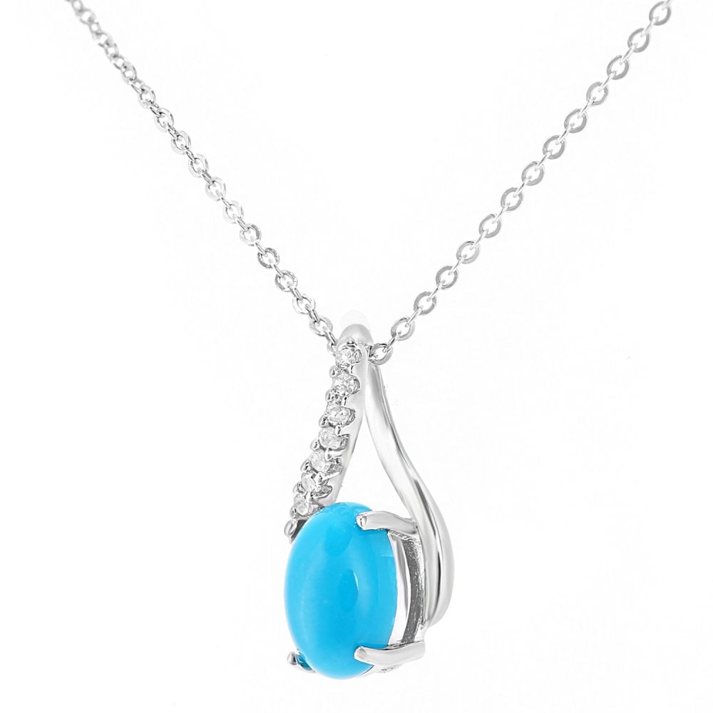 SPARKLD 9ct White Gold Oval Turquoise and 0.05ct Diamond Crossover Pendant Necklace