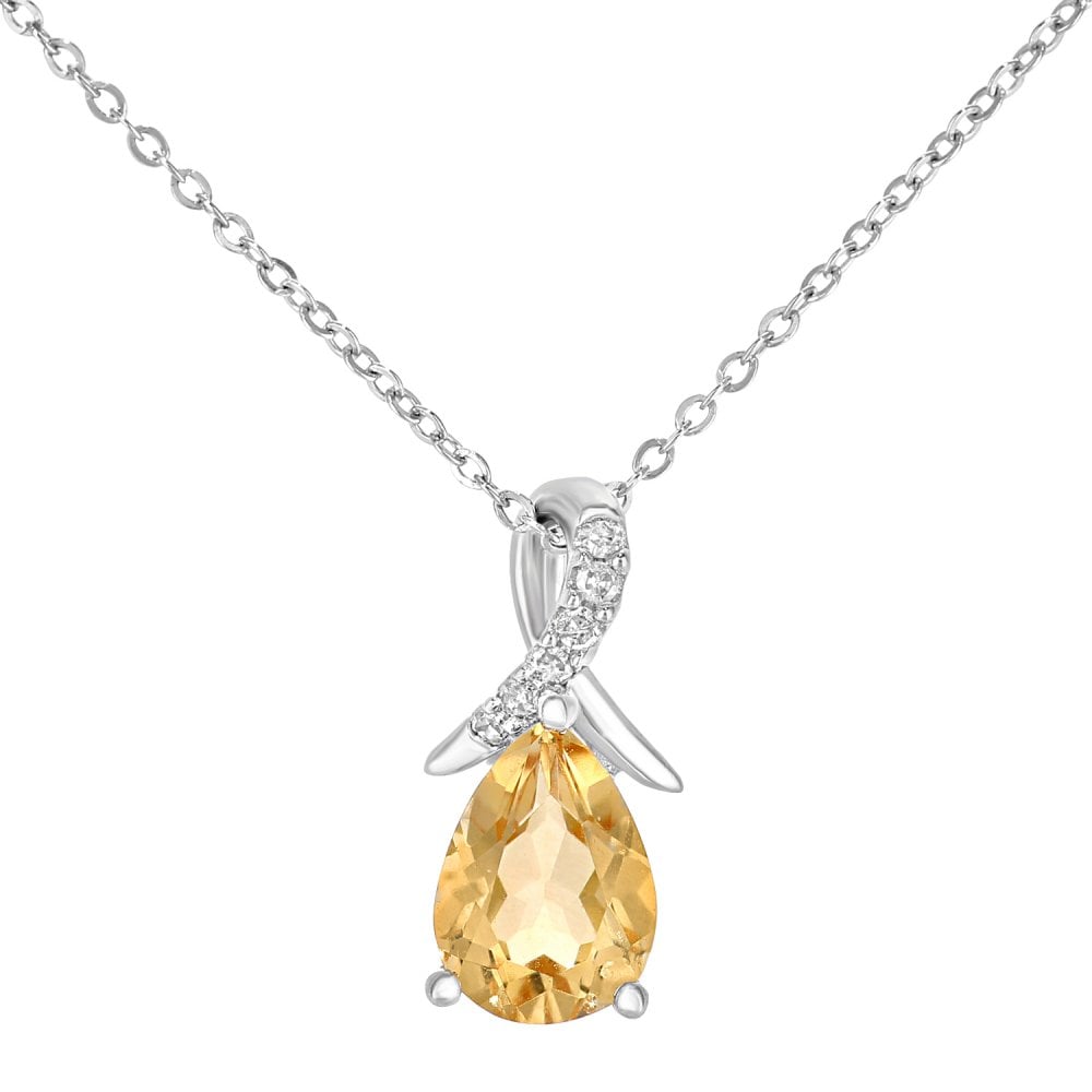 SPARKLD 9ct White Gold Pear Citrine and 0.02ct Diamond Pendant Necklace