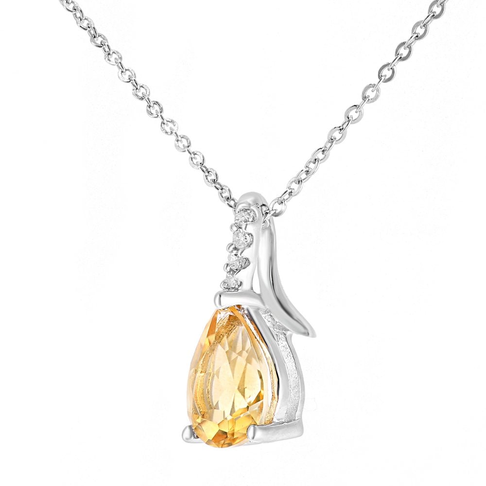 SPARKLD 9ct White Gold Pear Citrine and 0.02ct Diamond Pendant Necklace