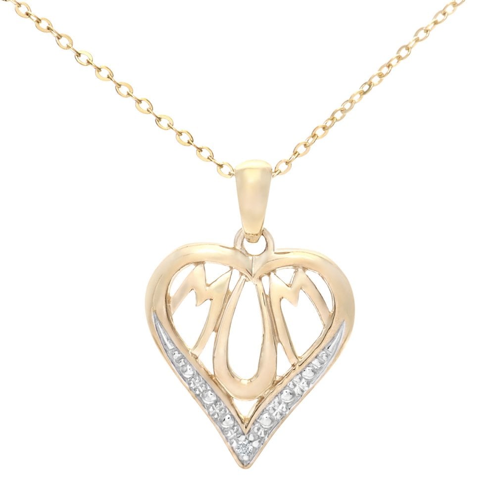 SPARKLD 9ct Yellow Gold 0.01ct Diamond Mum Heart Pendant Necklace