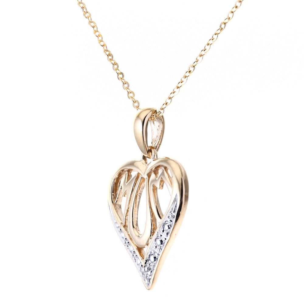 SPARKLD 9ct Yellow Gold 0.01ct Diamond Mum Heart Pendant Necklace
