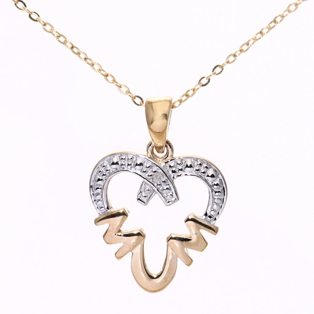 SPARKLD 9ct Yellow Gold 0.01ct Diamond Mum Heart Pendant Necklace