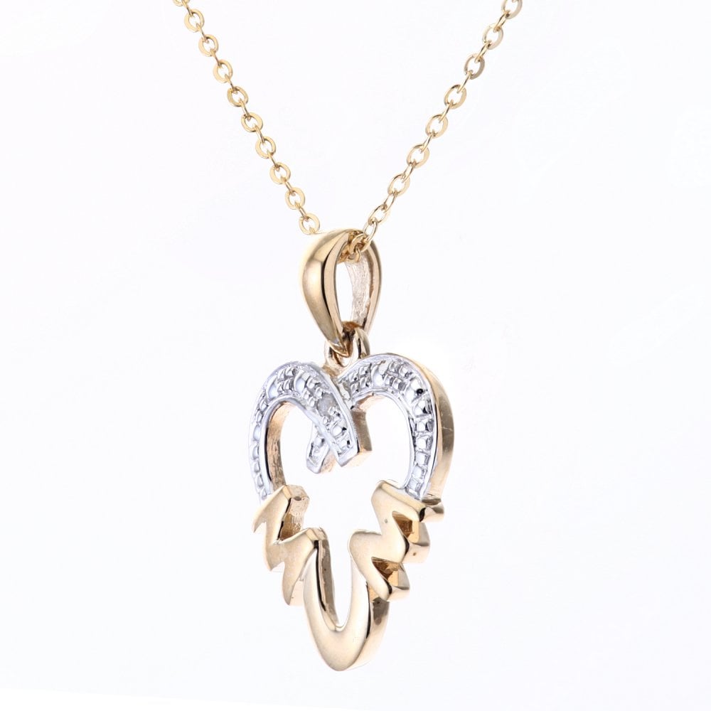 SPARKLD 9ct Yellow Gold 0.01ct Diamond Mum Heart Pendant Necklace