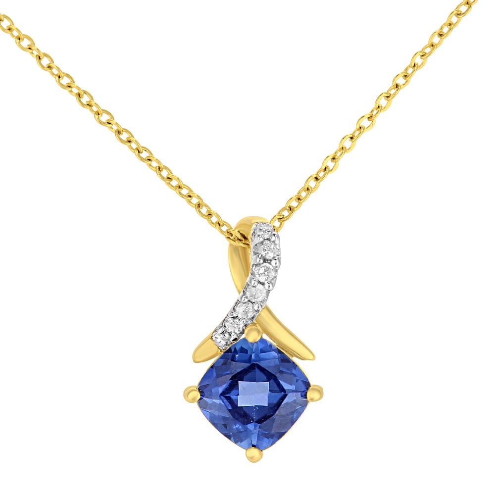 SPARKLD 9ct Yellow Gold Cushion Created Tanzanite Crossover 0.02ct Diamond Pendant Necklace