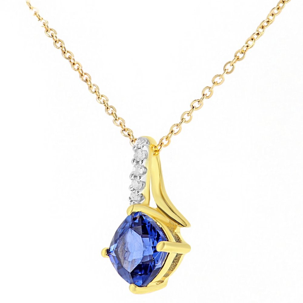 SPARKLD 9ct Yellow Gold Cushion Created Tanzanite Crossover 0.02ct Diamond Pendant Necklace