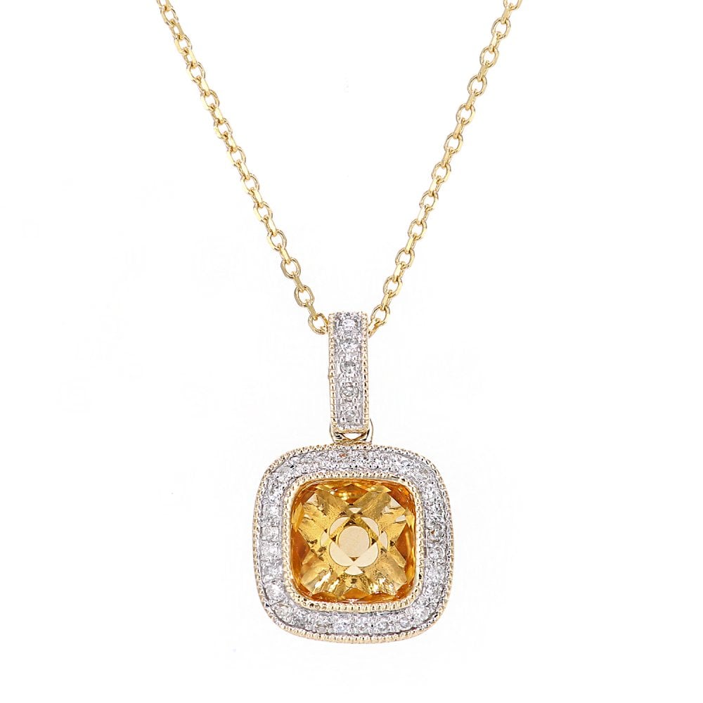SPARKLD 9ct Yellow Gold Square Citrine and 0.10ct Diamond Pendant Necklace