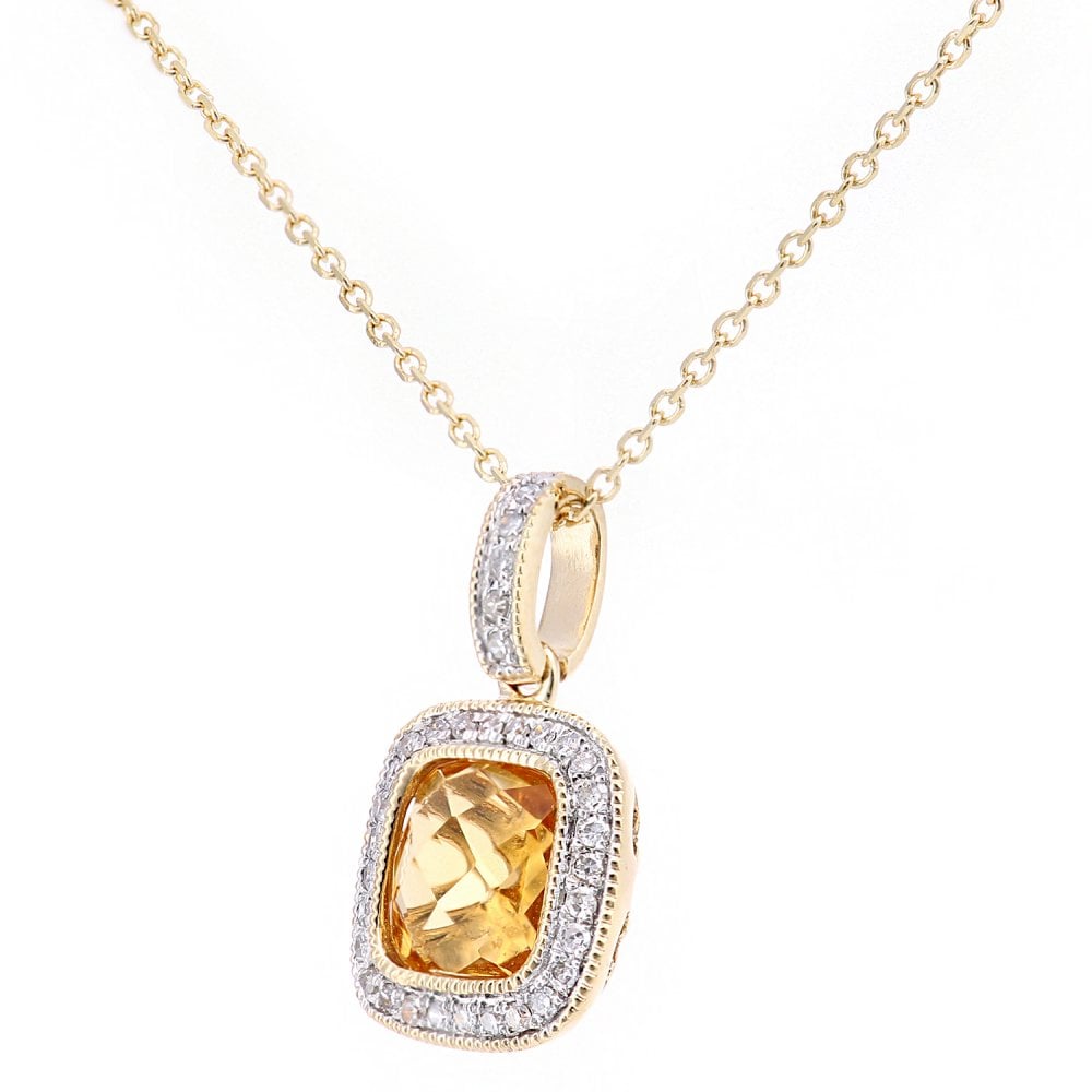 SPARKLD 9ct Yellow Gold Square Citrine and 0.10ct Diamond Pendant Necklace