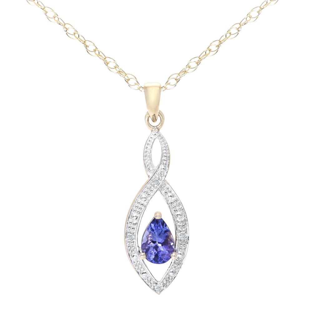 SPARKLD 9ct Yellow Gold Tanzanite and 0.02ct Diamond Teardrop Pendant Necklace