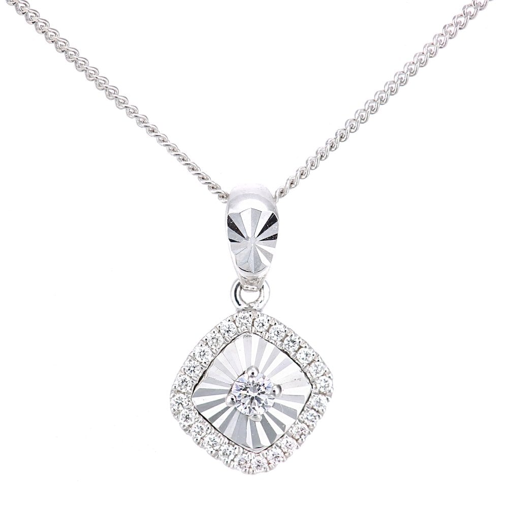 SPARKLD 18ct White Gold 0.05ct Diamond Halo Pendant Necklace