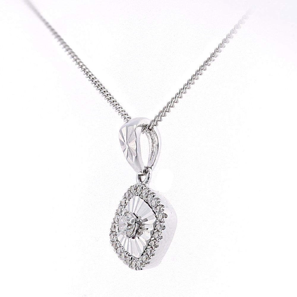 SPARKLD 18ct White Gold 0.05ct Diamond Halo Pendant Necklace