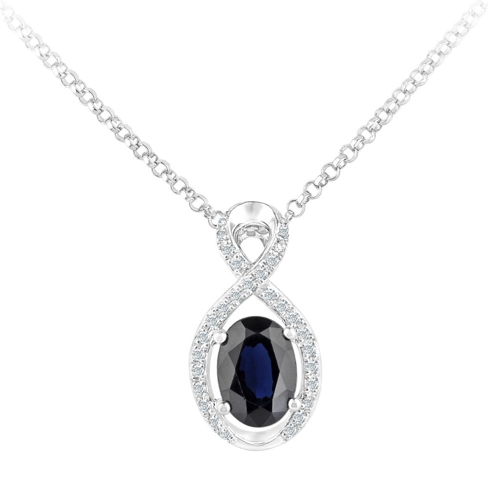SPARKLD 18ct White Gold Oval Sapphire and 0.10ct Diamond Infinity Pendant Necklace