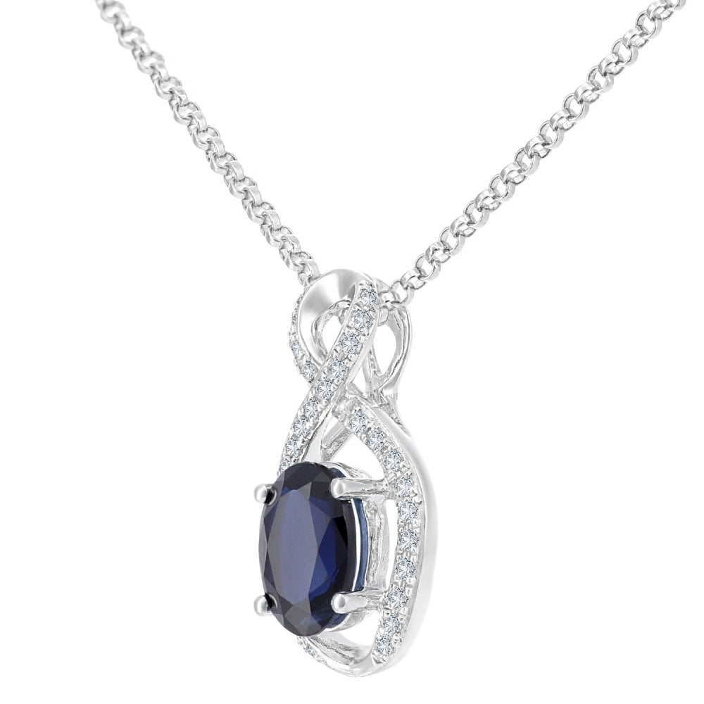 SPARKLD 18ct White Gold Oval Sapphire and 0.10ct Diamond Infinity Pendant Necklace