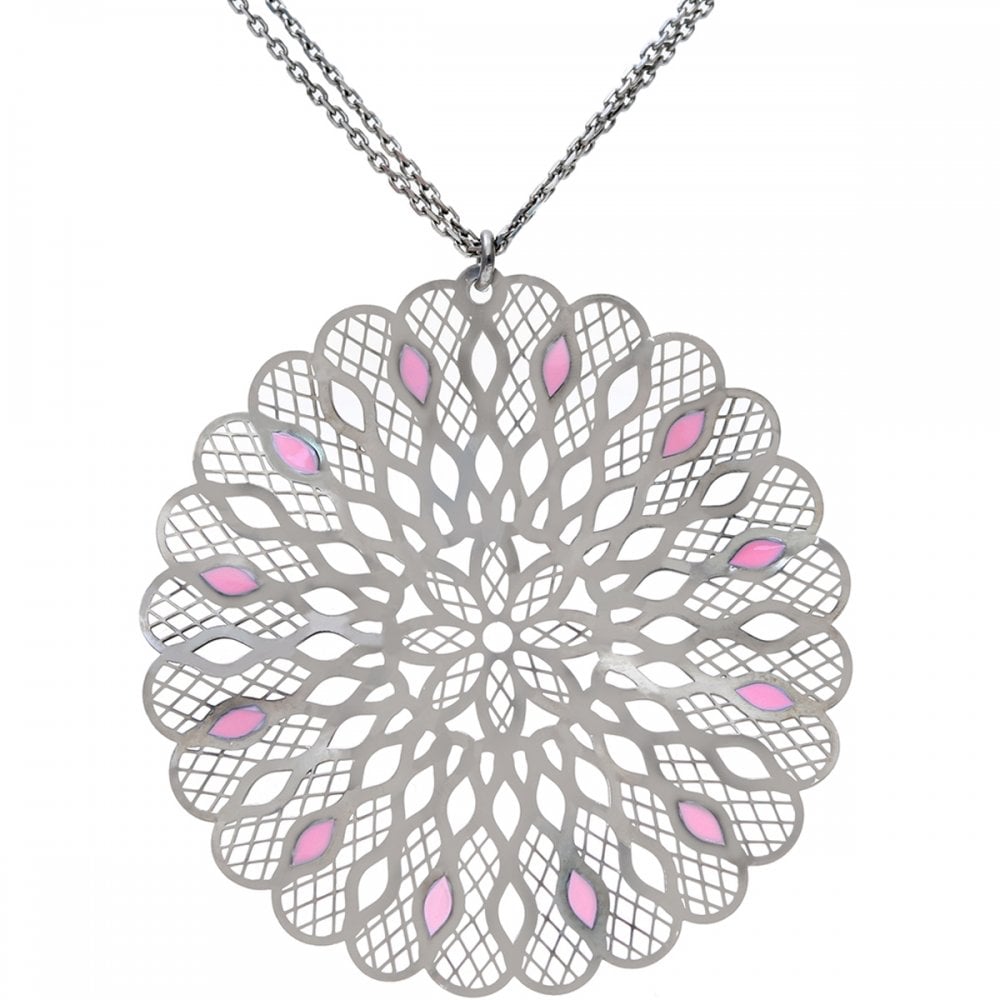 SPARKLD Black Rhodium Plated Silver Kaleidoscope Design Pink Enamel Pendant + 45cm Chain