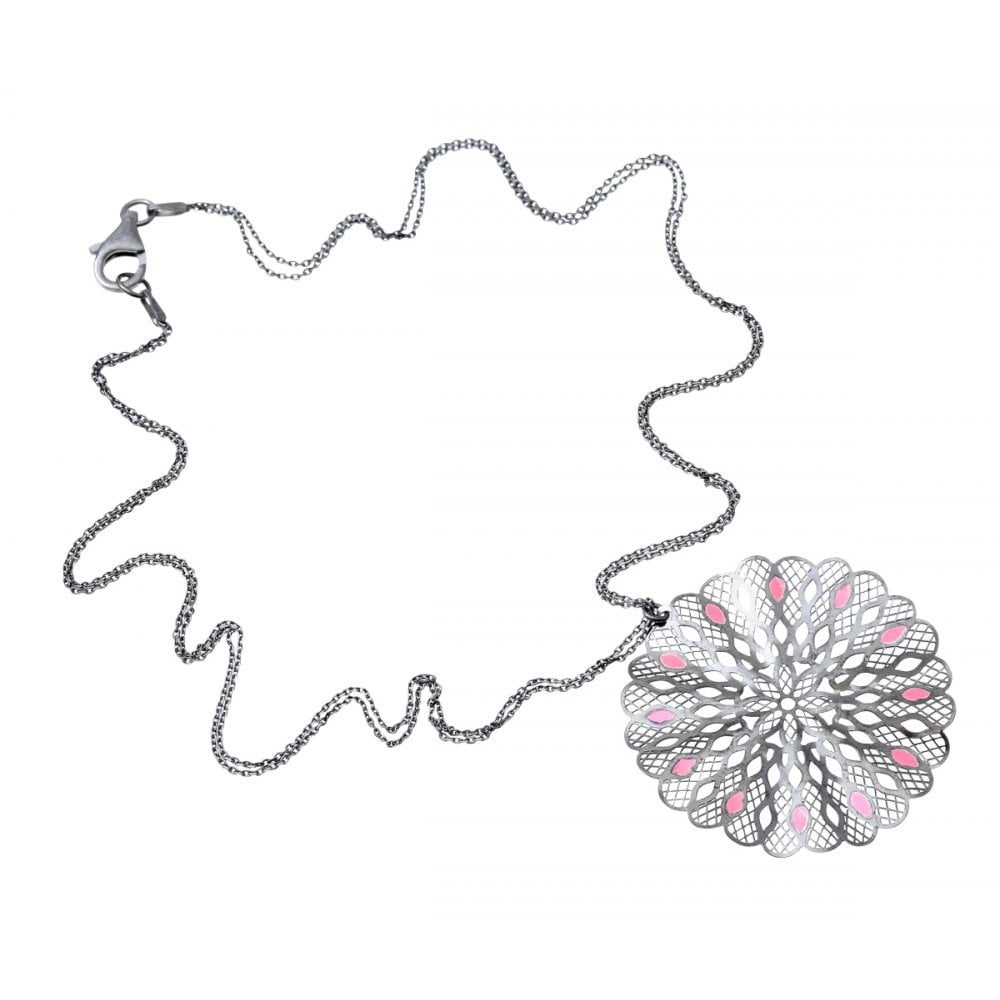 SPARKLD Black Rhodium Plated Silver Kaleidoscope Design Pink Enamel Pendant + 45cm Chain