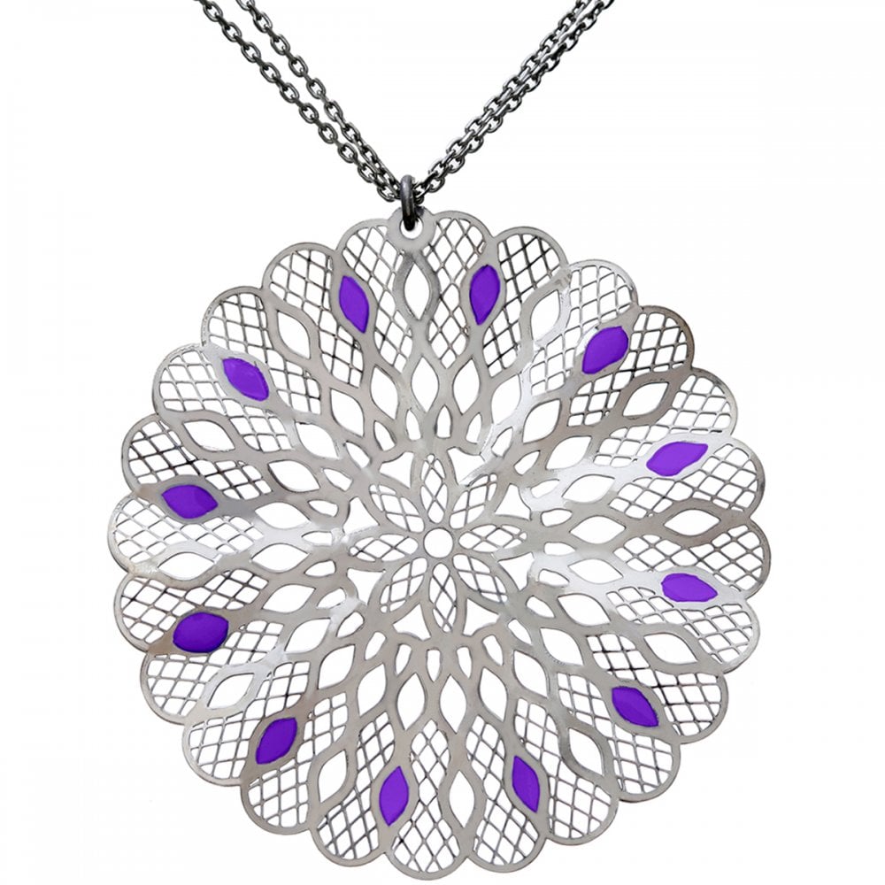 SPARKLD Black Rhodium Plated Silver Kaleidoscope Design Purple Enamel Pendant + 45cm Chain