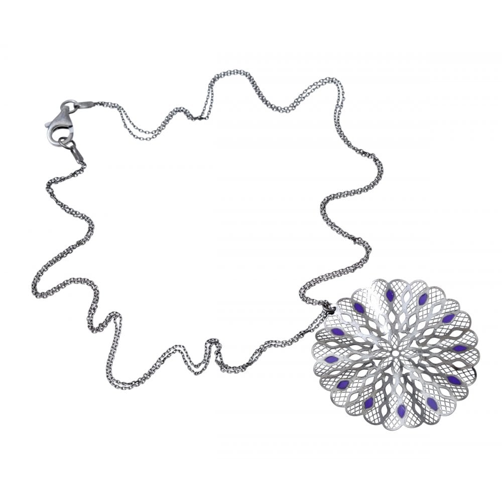 SPARKLD Black Rhodium Plated Silver Kaleidoscope Design Purple Enamel Pendant + 45cm Chain