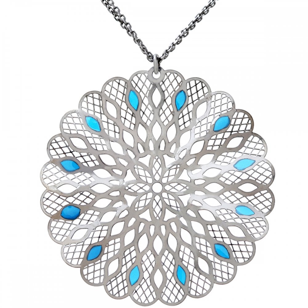 SPARKLD Black Rhodium Plated Silver Kaleidoscope Design turqoise Enamel Pendant + 45cm Chain