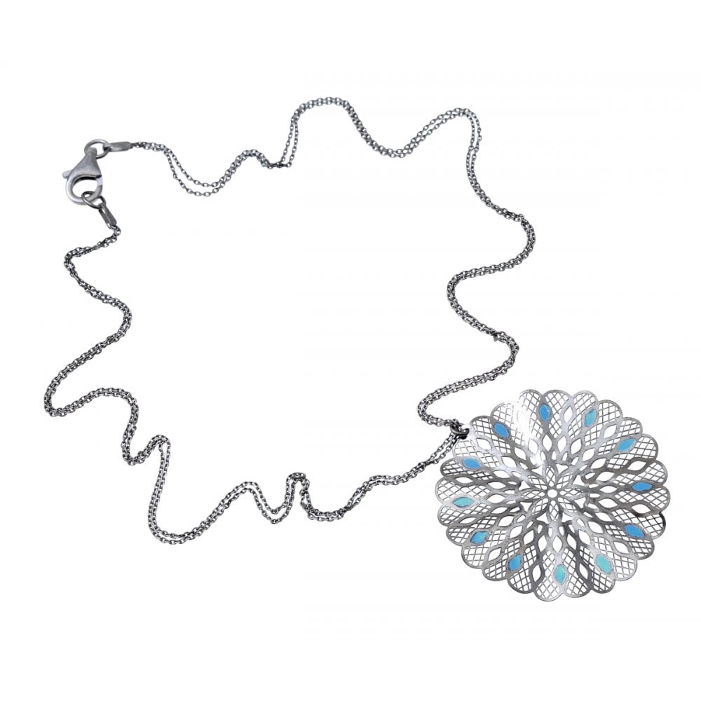 SPARKLD Black Rhodium Plated Silver Kaleidoscope Design turqoise Enamel Pendant + 45cm Chain