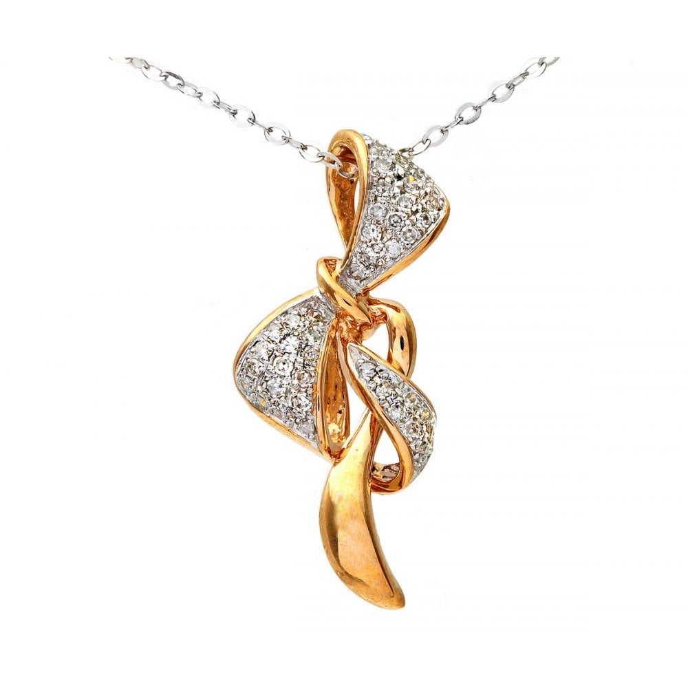 SPARKLD 9ct Rose and White Gold 0.13ct Diamond Bow Pendant and Chain of 46cm