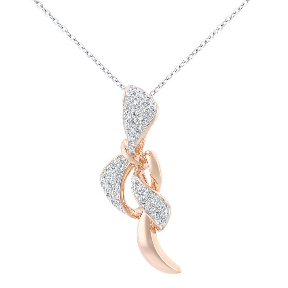 SPARKLD 9ct Rose and White Gold 0.13ct Diamond Bow Pendant and Chain of 46cm