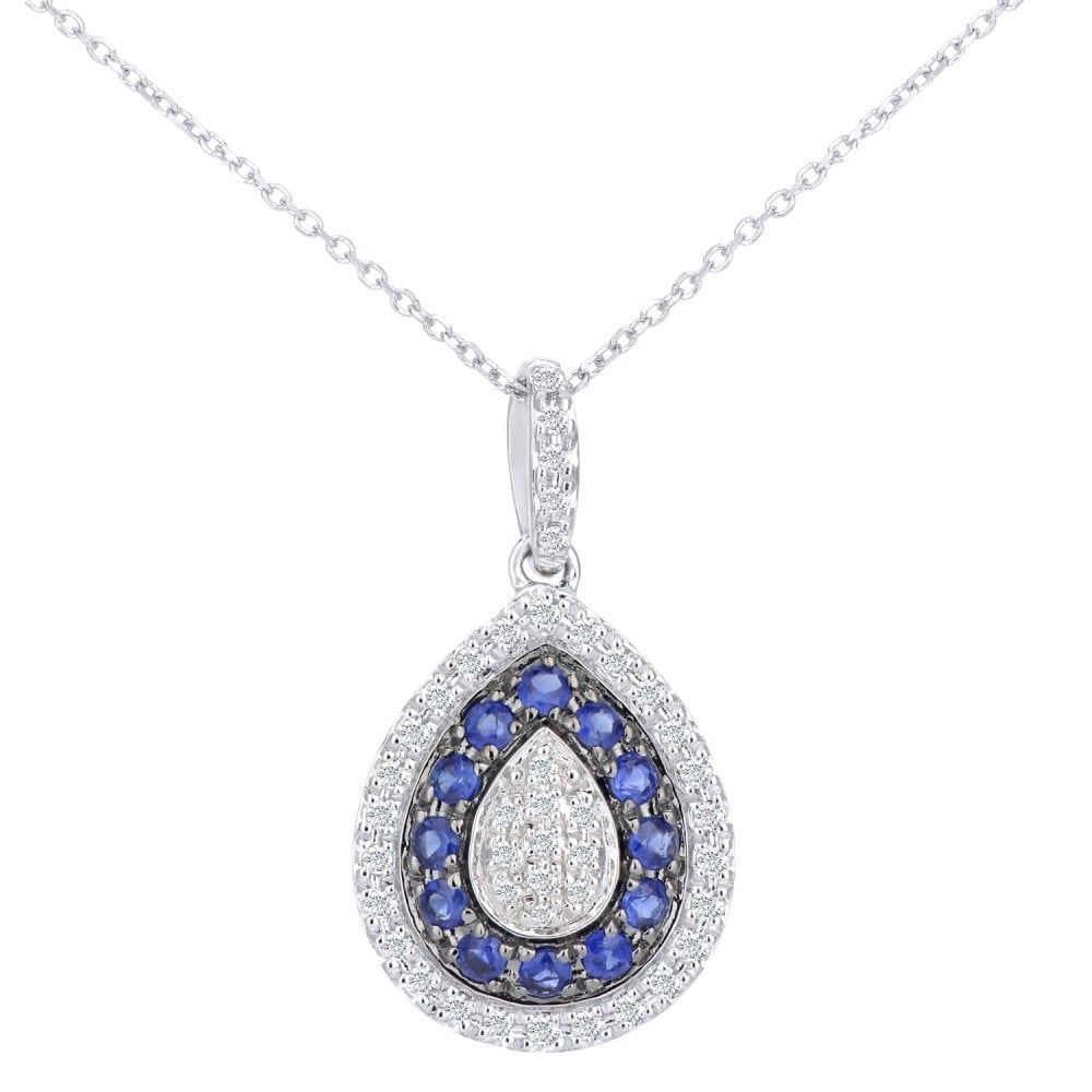 SPARKLD 9ct White Gold 0.25ct Sapphire and Diamond Alternate Teardrop Pendant with 40cm Chain