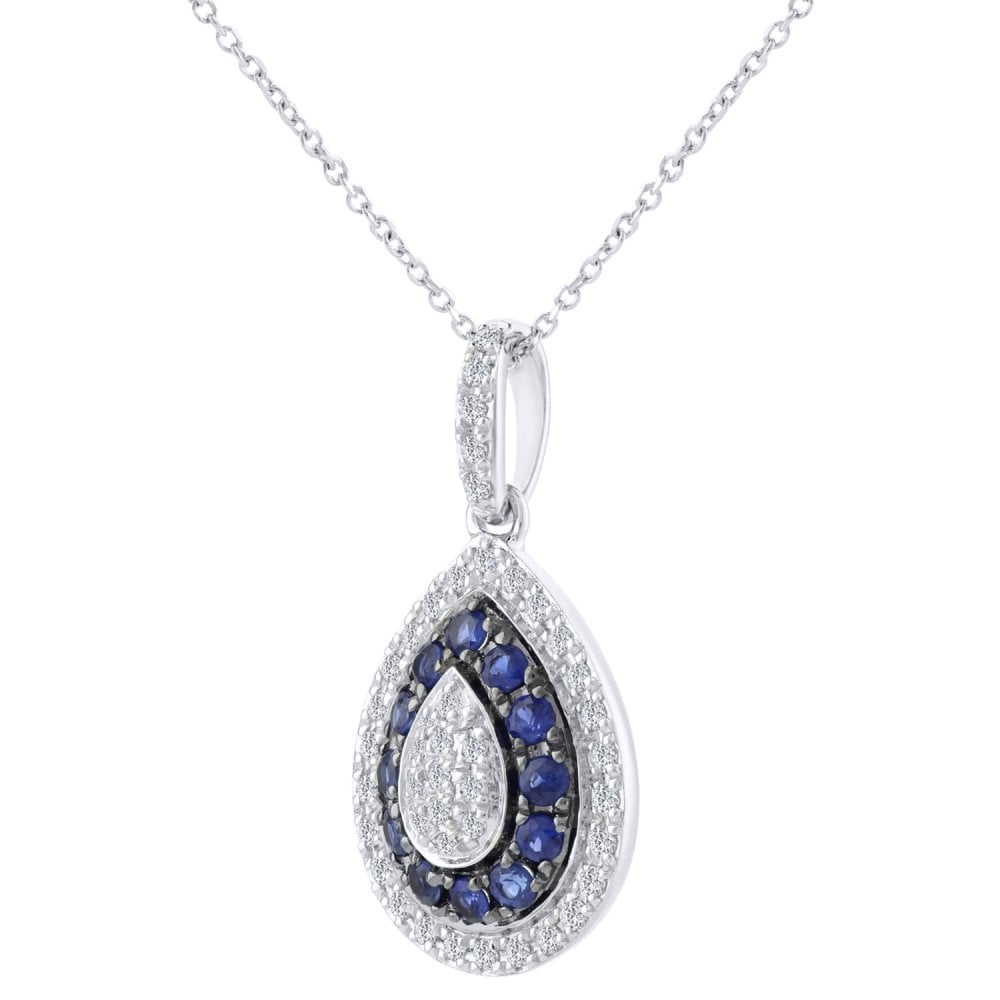 SPARKLD 9ct White Gold 0.25ct Sapphire and Diamond Alternate Teardrop Pendant with 40cm Chain