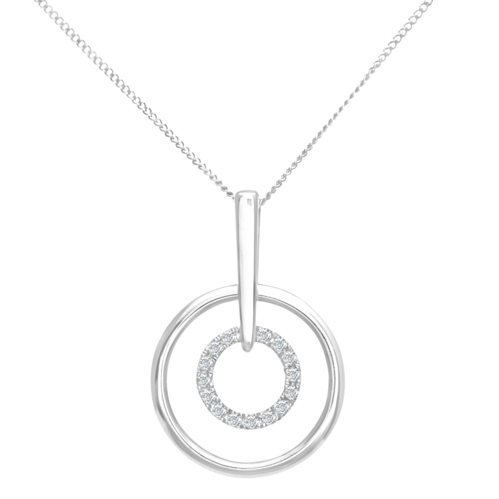 SPARKLD 9ct White Gold 0.05ct Diamond Circle Drop Pendant and Chain of 46 cm