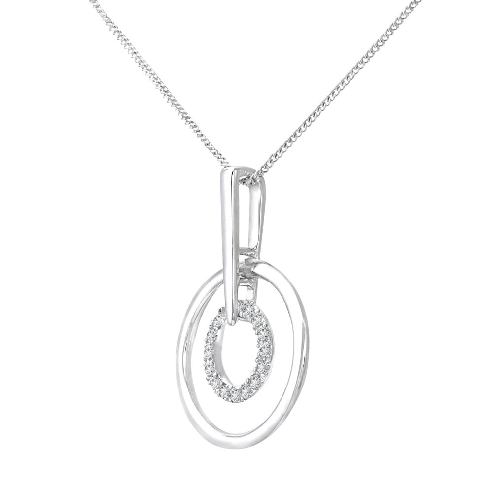 SPARKLD 9ct White Gold 0.05ct Diamond Circle Drop Pendant and Chain of 46 cm