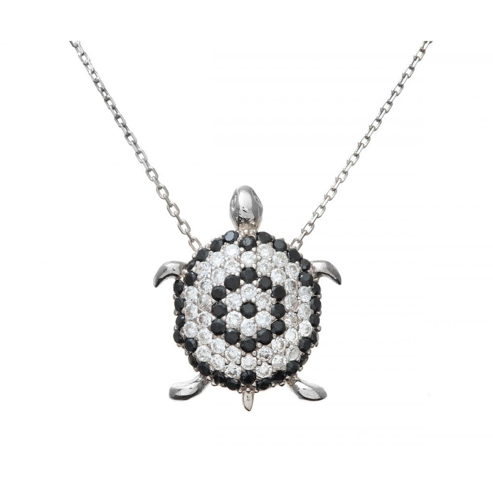 SPARKLD Sterling Silver White and Black Cubic Zirconia Turtle Pendant and 42 cm Chain