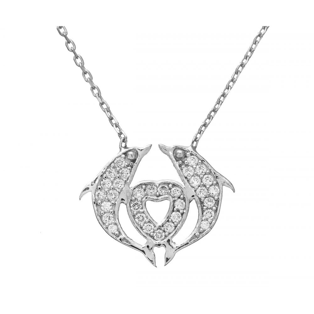 SPARKLD Sterling Silver Dolphin and Heart Cubic Zirconia Pendant and 42 cm Chain