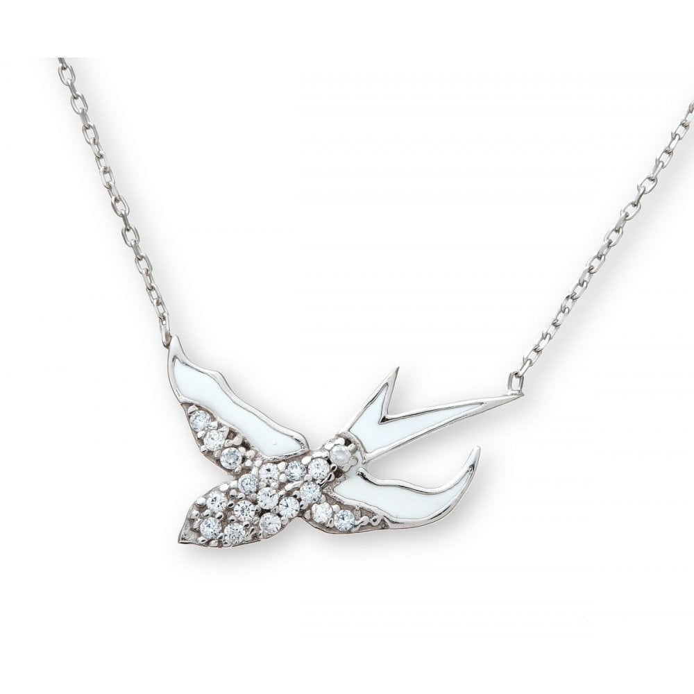 SPARKLD Sterling Silver Cubic Zirconia and Enamel Flying Bird Pendant and 42 cm Chain