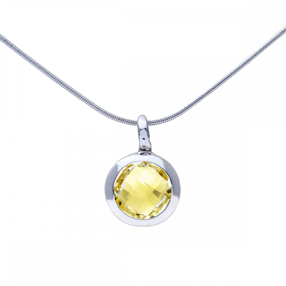 SPARKLD Rhodium Round Lemonct Lime Quartz Stone Pendant on 40cm chain