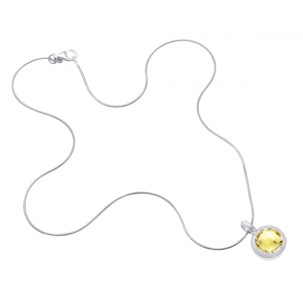 SPARKLD Rhodium Round Lemonct Lime Quartz Stone Pendant on 40cm chain
