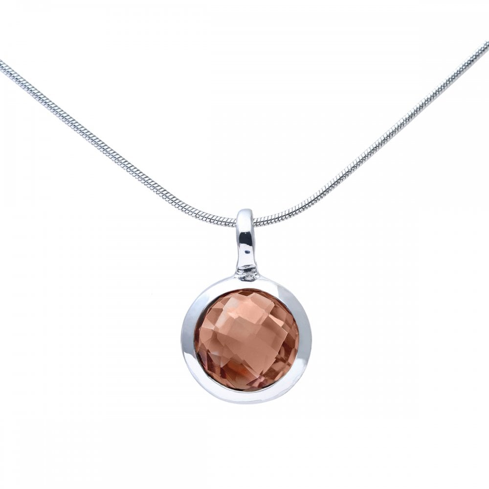 SPARKLD Rhodium Plated Silver Round Smoky Quartz Stone Pendant on 40cm Chain
