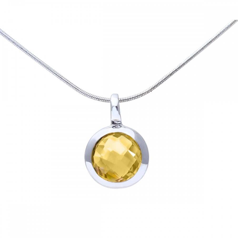 SPARKLD Rhodium Plated Silver Round Citrine Stone Pendant on 40cm Chain