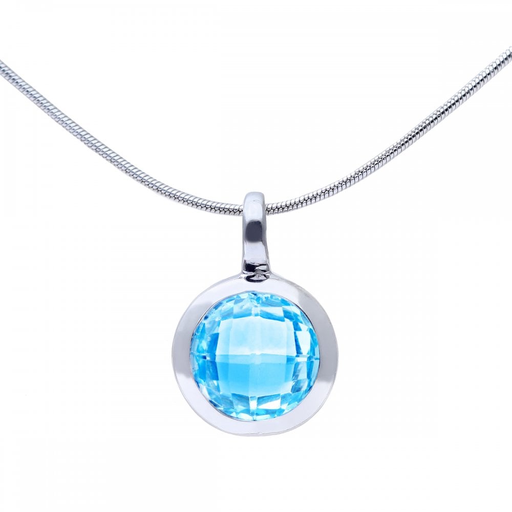 SPARKLD Rhodium Plated Silver Round Blue Topaz Stone Pendant on 40cm Chain