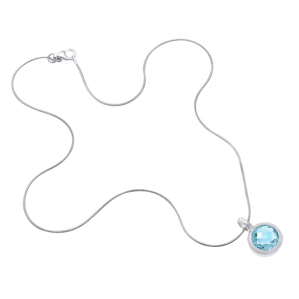 SPARKLD Rhodium Plated Silver Round Blue Topaz Stone Pendant on 40cm Chain