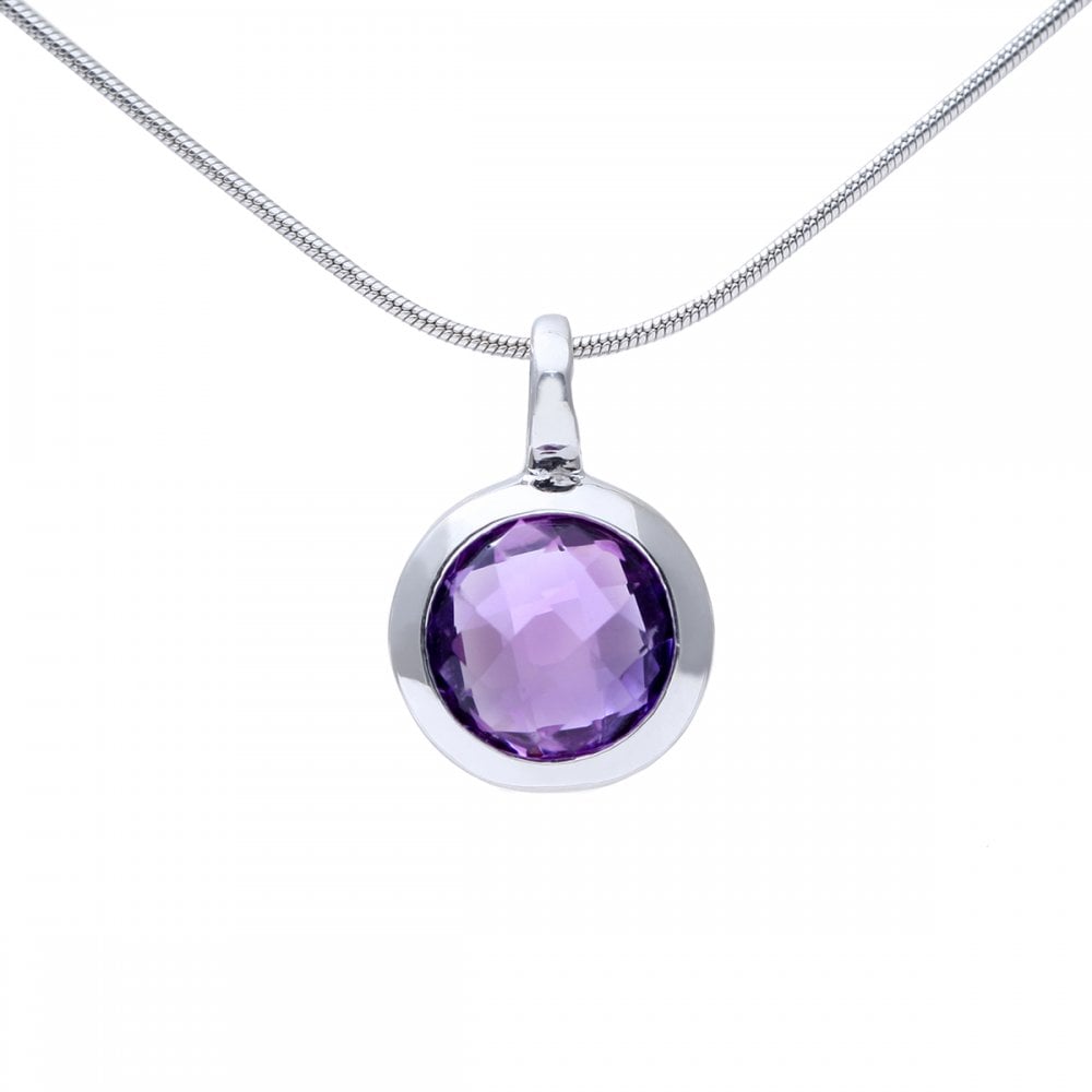 SPARKLD Rhodium Plated Silver Round Amethyst Stone Pendant on 40cm Chain