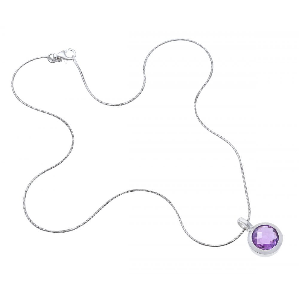 SPARKLD Rhodium Plated Silver Round Amethyst Stone Pendant on 40cm Chain