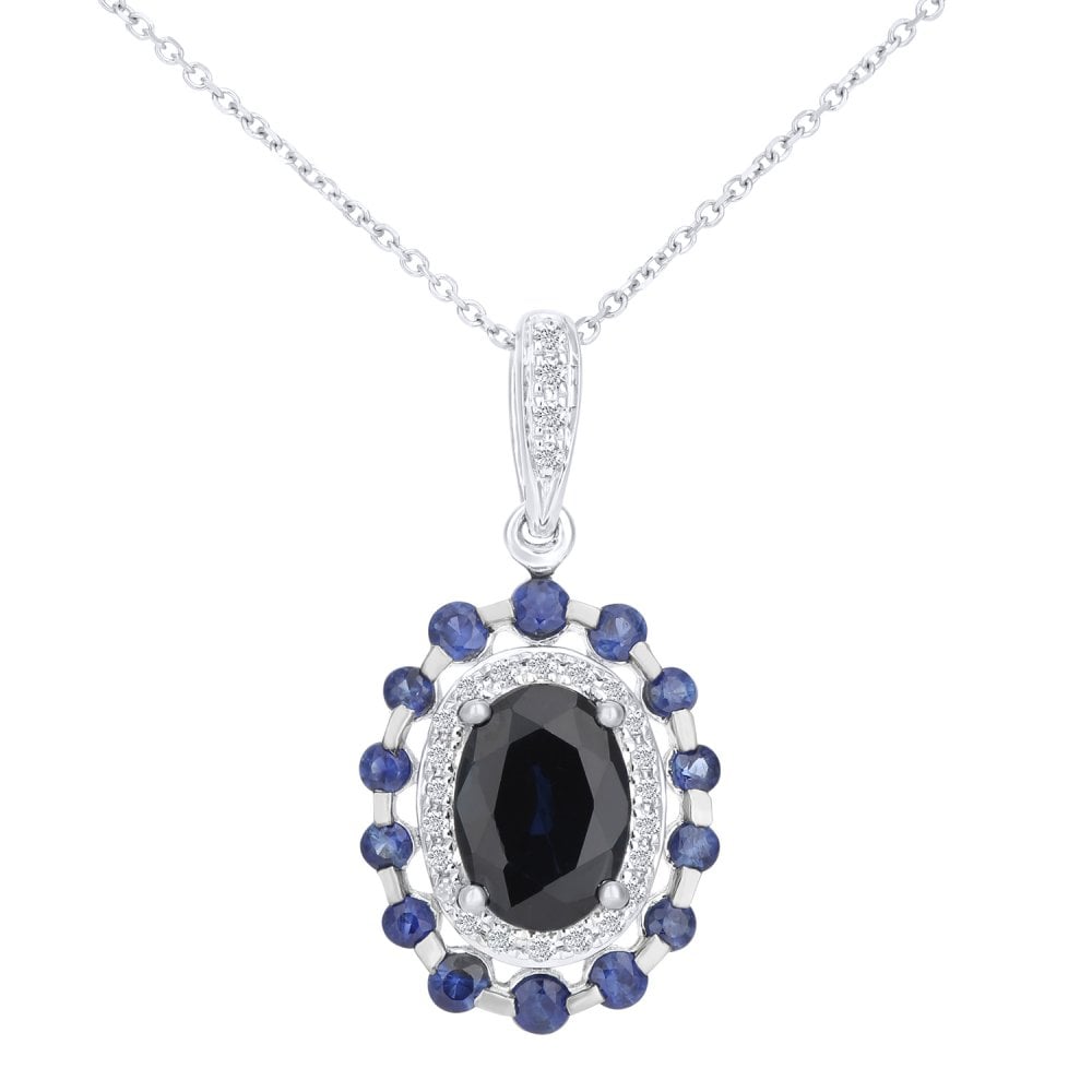 SPARKLD 9ct White Gold 1.40ct Sapphire and Diamonds Oval Cluster Pendant with 40cm Chain