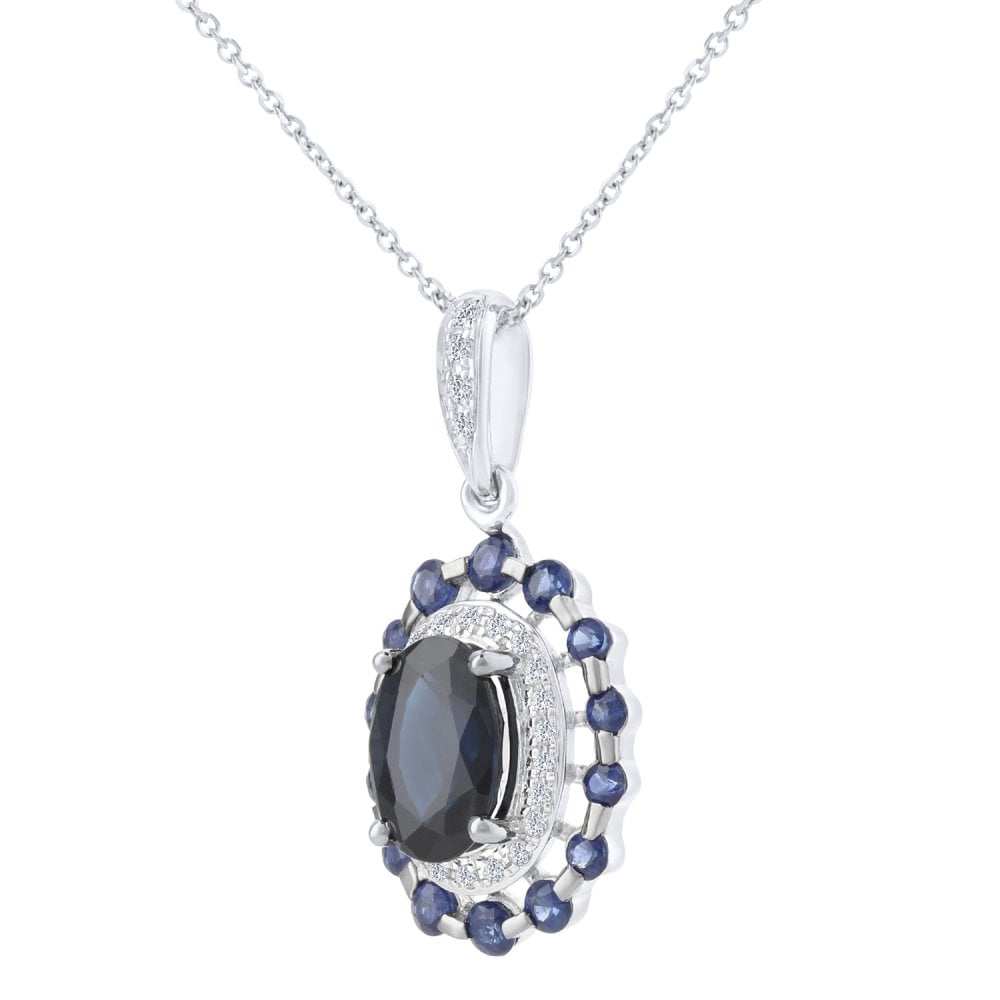 SPARKLD 9ct White Gold 1.40ct Sapphire and Diamonds Oval Cluster Pendant with 40cm Chain