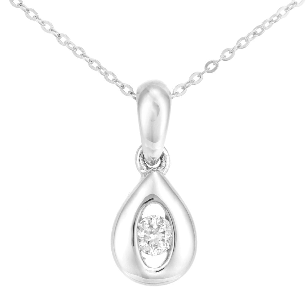 SPARKLD 9ct White Gold 0.08ct Diamond Teardrop Solitaire Pendant Necklace