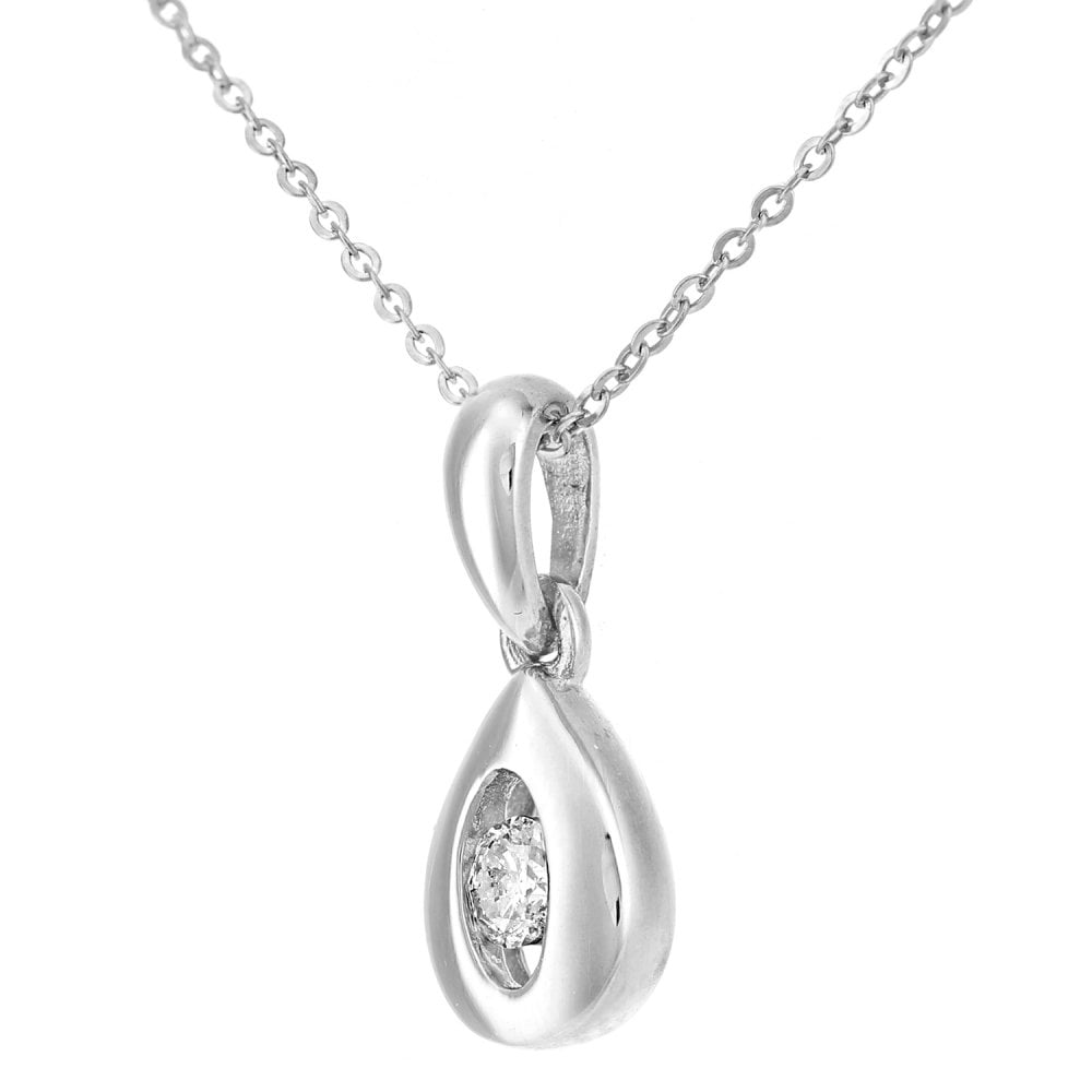 SPARKLD 9ct White Gold 0.08ct Diamond Teardrop Solitaire Pendant Necklace
