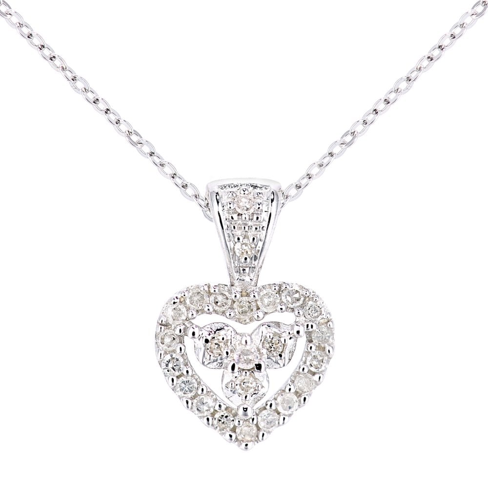 SPARKLD 9ct White Gold 0.12ct Diamond Heart Pendant Necklace