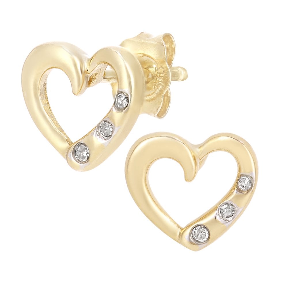 SPARKLD 9ct Yellow Gold 0.02ct Diamond Heart Trilogy Stud Earrings