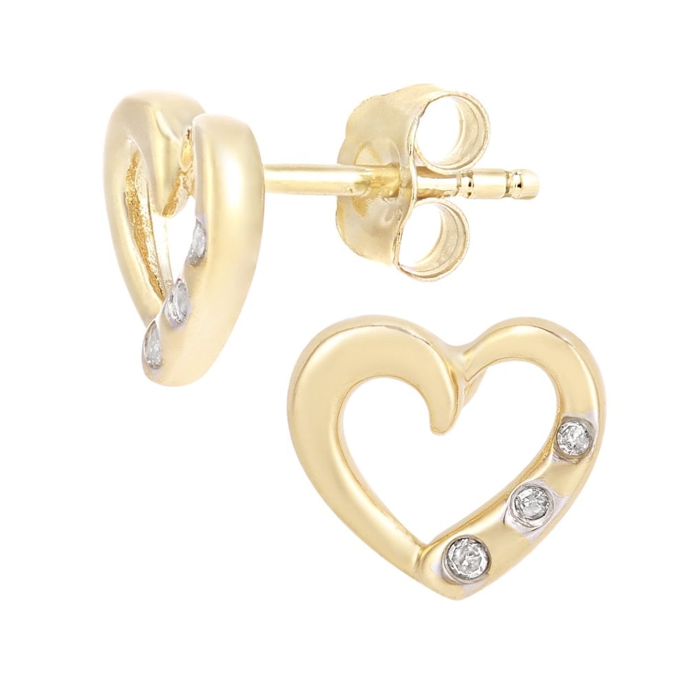 SPARKLD 9ct Yellow Gold 0.02ct Diamond Heart Trilogy Stud Earrings