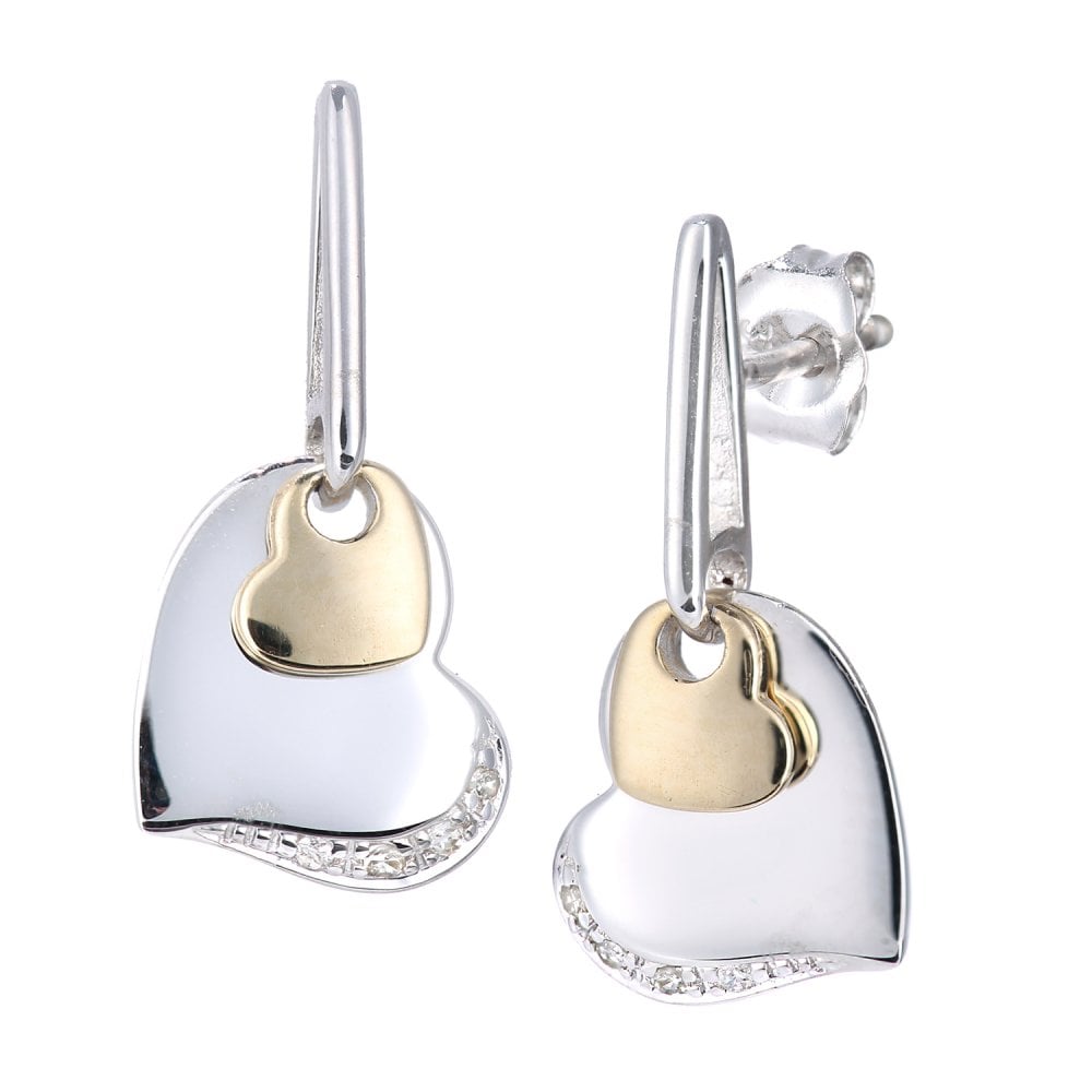 SPARKLD 9ct Yellow and White Gold 0.03ct Diamond Heart Drop Earrings