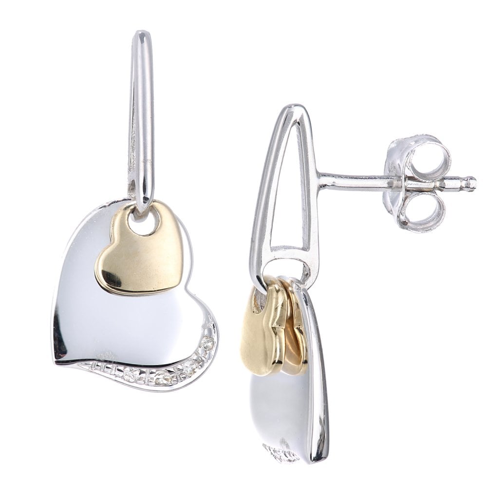 SPARKLD 9ct Yellow and White Gold 0.03ct Diamond Heart Drop Earrings
